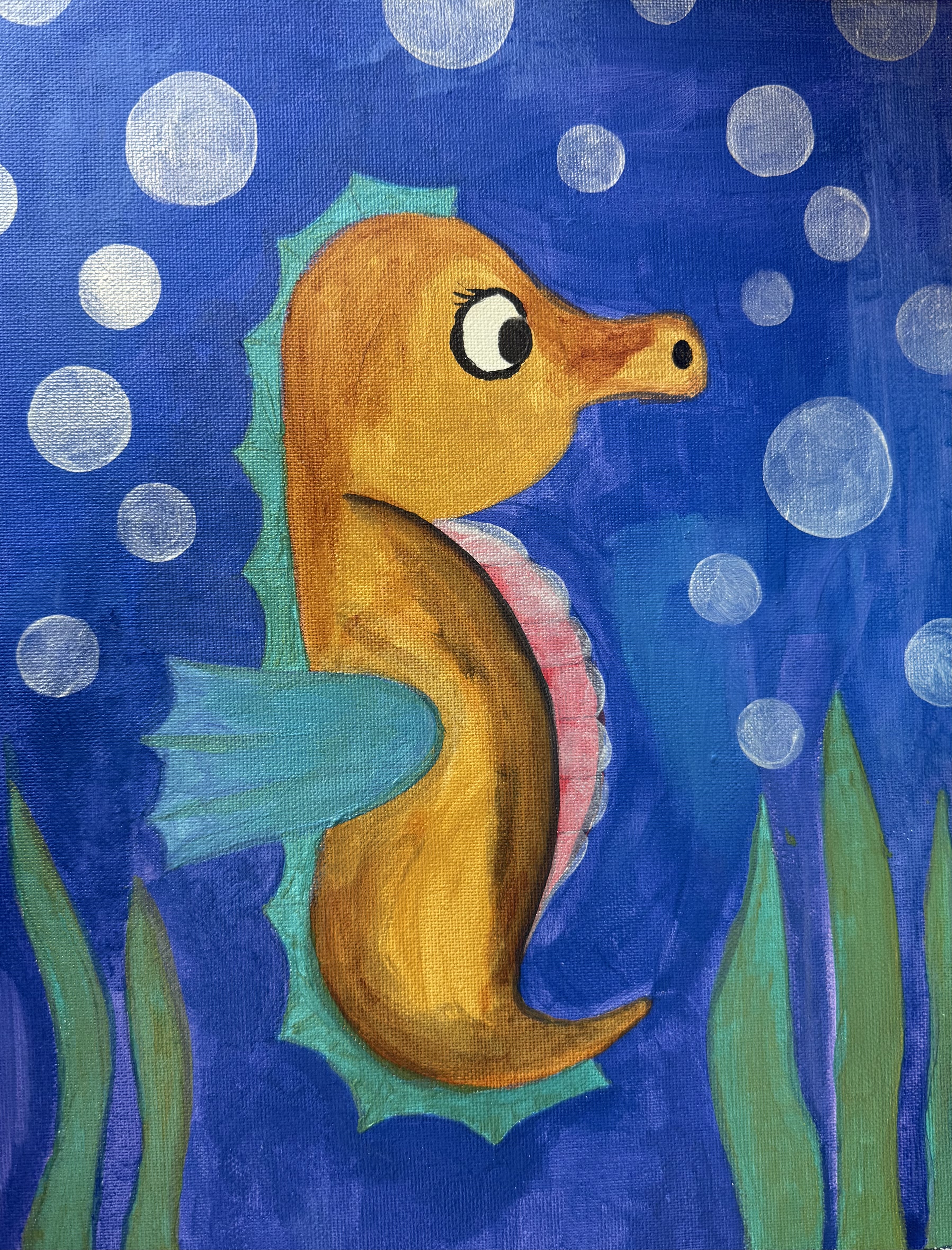 A seahorse painting made at a studio party